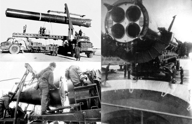 Raketa R-12: kraunama ant transporterio; tvirtinama galvutė; prieš nuleidimą į šachtą