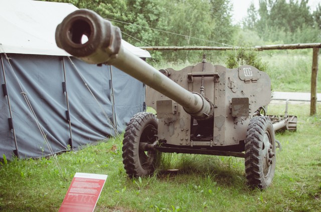 Pirmiausia apžiūrim artilerijos eksponatus. 85-мм дивизионная пушка Д-44
